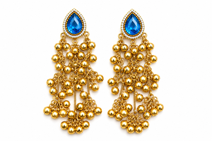 Boucles d'oreilles pendantes bleues en laiton plaqué or 18 carats, style Ghungroo bohème, avec serti, pour mariage, style traditionnel cachemiri, vente en gros - Product Image 6