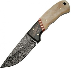 Handmade Camping Skinner <b>Knife</b> in Damascus Steel with Straight Back Blade Horn+<b>Bone</b> <b>Handle</b> and Leather Sheath - Product Image 1
