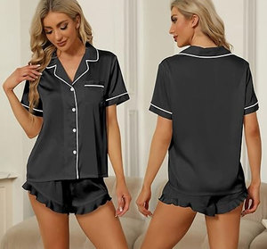 Women's Satin <b>Pajamas</b> <b>Set</b> Short Sleeve Solid <b>Black</b> Turn-down Collar Button Fly Classic Sleepwear Summer Wear - Product Image 1