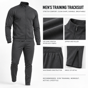 Men's Dark Gray Tracksuit Full <b>Zip</b> Jacket And Pants Set Breathable Casual Wear Solid Color Stand Collar Regular Fit Autumn Style - Product Image 6