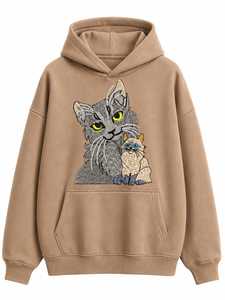เสื้อสเวตเชิ้ตโอเวอร์ไซส์แบบยูนิเซ็กซ์ ลายปักแมวน่ารัก มีกระเป๋าจิงโจ้ เสื้อฮู้ดลำลองผ้าฟลีซ - Product Image 2