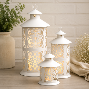 Islamic White Iron Metal <b>Lantern</b> <b>Set</b> Cylindrical Shape Die Cut Design For Home Ramadan Eid Decoration Vintage <b>Lanterns</b> - Product Image 4