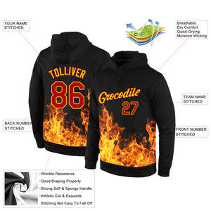 Sweat-shirt à capuche personnalisé avec impression de flamme, respirant, unisexe, noir, en polyester tricoté, pull-over, nom et numéro d'équipe personnalisés - Product Image 2