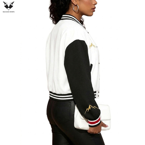 OEM ODM Women's Varsity <b>Jacket</b> Black White Contrast Color Full Sleeve Turn-down Collar Embroidered Letter A Logo Autumn Wear - Product Image 2