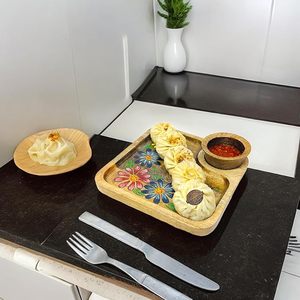 Plateau de service en bois multifonctionnel avec décorations en carreaux colorés pour servir des fruits secs, des noix, des chocolats et des chutneys - Product Image 3