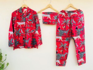 Cotton Block Print <b>Pyjamas</b> Dress Set Handmade Bohemian Floral Soft 2-Piece Long Sleeves Full Length Casual Spring <b>Summer</b> Daily - Product Image 4