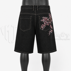 Shorts en jean noirs personnalisés pour hommes, brodés de fleurs, style Bermuda, baggy, streetwear - Product Image 2