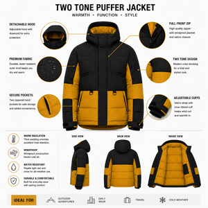 Veste d'hiver matelassée coupe-vent pour homme, à blocs de couleur, avec capuche, en polyester/nylon épais, broderie personnalisée sur le devant, vente en gros - Product Image 5