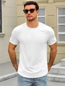 T-shirt blanc à manches courtes pour homme, col rond, coupe classique, jersey décontracté, 100% coton, couleur unie, respirant, séchage rapide, tricoté, coupe classique - Product Image 3