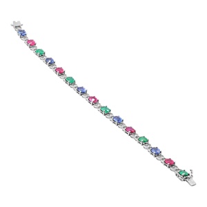 Natural Oval <b>Ruby</b> Emerald Sapphire 18K White Gold Station <b>Bracelet</b> | Diamond Accent Multicolor Gemstone Fine Jewelry Gift - Product Image 4