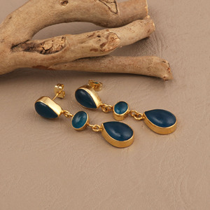 Pendientes de Apatita Azul con Forma de Gota, Pendientes Largos de Tres Niveles con Piedras Preciosas en Forma de Lágrima, Chapados en Oro de 18K, Joyería Hecha a Mano para Mujer - Product Image 4
