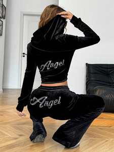 Ensemble de survêtement à capuche en velours noir imprimé et orné de strass, style Y2K Lowrise 2026 - Product Image 2