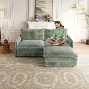 Divano a Due Posti in Tessuto Corduroy con Poggiapiedi, Divano a L con Pouf, Imbottito e Grande per Soggiorno - Product Image 2