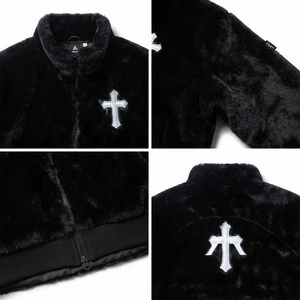 Unisex <b>Gothic</b> Fleece <b>Jacket</b> Black Stand Collar Zipper Front Cross Winter Thick Regular Fit - Product Image 4