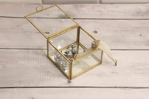 Elegant Square Brass Glass <b>Box</b> with Lid & Mirror Base Decorative Storage Organizer for Jewelry Makeup & <b>Keepsakes</b> - Product Image 4