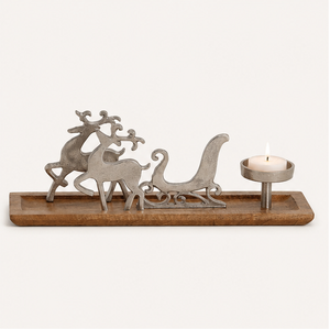 Porte-bougie en métal fait main en forme de renne sur plateau en bois de manguier, support vintage argenté pour bougies chauffe-plat de Noël, pour une décoration festive de la maison - Product Image 4