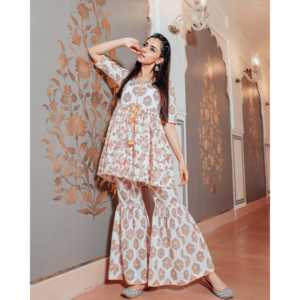 Ensemble haut pour femme en velours côtelé respirant à imprimé blocs de coton, style décontracté, taille XS, manches trois-quarts - Product Image 3