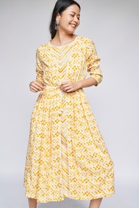 Vestido Midi Amarillo con Estampado Boho para Mujer, Manga Tres Cuartos, Cintura Alta, Corte A, Verano, Cómodo, Casual - Product Image 6
