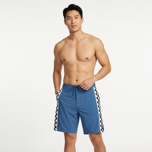<b>Men's</b> Blue Board <b>Shorts</b> With <b>Checkered</b> Side Stripes Drawstring Waist Quick Dry Swim Trunks - Product Image 4