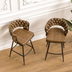 Ensemble de 2 tabourets de bar en cuir technique tressé de 28 pouces, pivotants à 360°, pieds noirs, non réglables, chaises d'îlot de cuisine en forme de U - Product Image 2