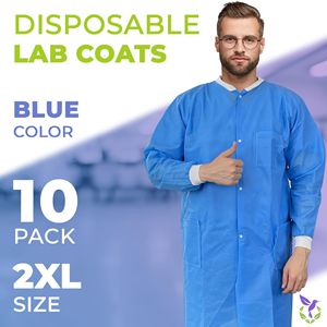 Camici da Laboratorio Monouso Extra Large per Adulti, Confezione da 10, Blu, SMS, Lunghezza al Ginocchio, Camici Medici 60 GSM, Uniformi Ospedaliere, Camici Monouso - Product Image 2