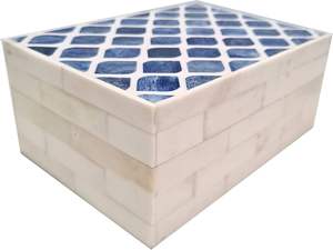 <b>Large</b> Square Antique Style Bone Inlay Jewelry <b>Box</b> Multiple Compartments <b>Wooden</b> Jewelry <b>Box</b> With Blue Geometric Inlay Pattern - Product Image 2