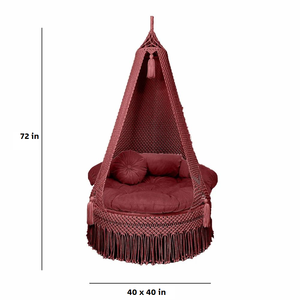Hamac suspendu en macramé marron 72"X44" avec coussin en velours, pompons et corde pour intérieur, extérieur, jardin, chambre - Product Image 5