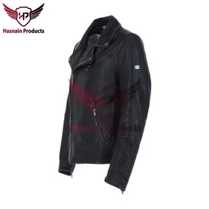 Chaqueta de cuero genuino negra para hombre, estilo motero asimétrico, de piel de vaca, con solapa, efecto desgastado, estilo Cafe Racer, personalizada, cálida para invierno - Product Image 3