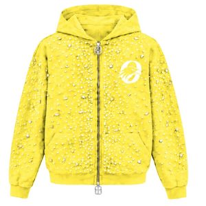Sudadera con capucha amarilla limón con cremallera completa, chaqueta de lujo con perlas incrustadas, sudadera con capucha de manga larga con bolsillos delanteros - Product Image 1