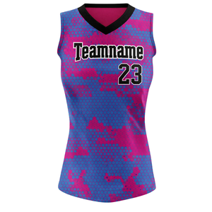 Camiseta de Softbol sin Mangas con Sublimación Total, Patrón Hexagonal Rosa y Azul, Cuello en V, Uniforme Personalizado para Equipo con Número en la Espalda - Product Image 2