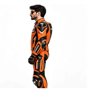 Combinaison de moto en cuir coupe-vent à manches longues pour homme WHITEAURA, orange et noir, respirante, toutes saisons, avec logo imprimé sur le devant - Product Image 4