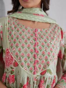Women Traditional Cotton Floral Print Ankle-Length <b>Kurta</b> Set Embossed Neck Matching Pants Spring Party Wear Quick Dry Wrinkle - Product Image 2