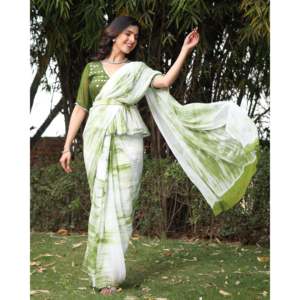 ผ้าส่าหรีผ้าฝ้ายจากผู้ส่งออกอินเดีย พร้อมลายพิมพ์มิเรอร์ไทดายสีเขียว สำหรับงานพิธีการและงานเฉลิมฉลอง - Product Image 6