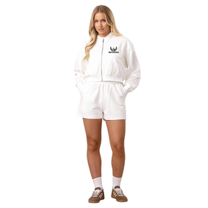 Ensemble sweat à capuche court et short blanc imprimé pour femme, toucher doux, décontracté, pour la détente, le fitness et le sport - Product Image 1