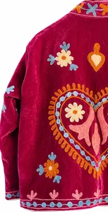 Veste en velours Suzani réversible faite à la main pour femmes |   Veste ethnique brodée de fleurs 100% coton en gros - Product Image 4