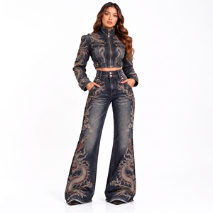 Conjunto de Dos Piezas de Mezclilla Azul Oscuro con Bordado de Dragón para Mujer, Chaqueta Corta y Pantalones Anchos, Ropa Urbana Vintage de Lujo - Product Image 1