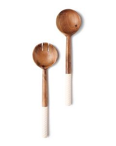 Ensemble élégant de cuillères et fourchettes à salade en bois naturel avec manche en résine blanche, fait main, écologique, style américain, ustensiles de cuisine - Product Image 1