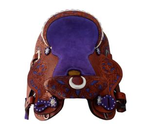 Selle de cheval en cuir Western baril usiné à fleurs violettes avec siège rembourré en daim Rênes et fabricants de colliers de poitrine - Product Image 4