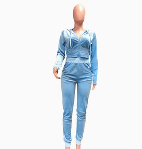 Women <b>Plus</b> <b>Size</b> Purple Velour Tracksuit <b>Set</b> Hooded Crop Top Full Length <b>Joggers</b> Solid Color Casual Wear Full Sleeve Side Pockets - Product Image 4