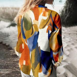 OEM ODM Women's V-Neck Full Sleeve Print <b>Blouse</b> Vintage Abstract Art Design Eco-Friendly Casual Button-Up Top for All Seasons - Product Image 3