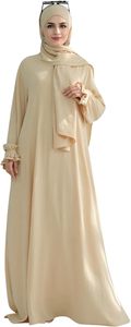 Women Beige <b>Abaya</b> Long Sleeve Maxi Dress With Ruffle Cuffs Solid Color Modest Daily Wear Middle East Style Cotton Loose Fit - Product Image 2