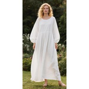 Women White Cotton Maxi <b>Dress</b> Round Neck <b>Long</b> Sleeve Loose Fit Flowy <b>Boho</b> Style <b>Dress</b> - Product Image 1