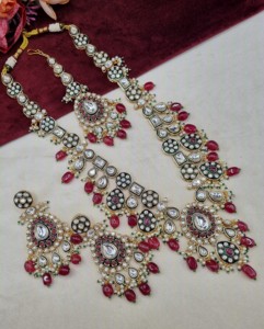 Royal Long Kundan Stone <b>Necklace</b> Set With Earrings And Mangtika For Wedding Reception Festive Wear Ethnic Jewellery Manufacturer - Product Image 4