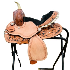 Silla de montar western para caballo, hecha a mano, de cuero genuino, tipo barril, con cincha ancha y duradera para equitación. - Product Image 1