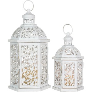 Juego de 2 Faroles Metálicos Blancos con Diseño Floral Calado para Decoración de Estanterías y Cenas Románticas en Balcones, de la India - Product Image 1