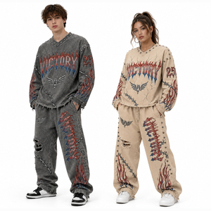 Custom Washed Fleece Tracksuit Set Vintage Acid Wash Oversized Sweatshirt and Jogger Pants Unisex Streetwear Two Piece Outfit - Product Image 1