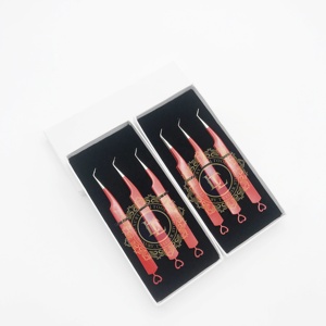 Pince à épiler en acier inoxydable à 45 degrés Revêtement en poudre rouge Fond de coeur à pointe argentée Extension de cils faite à la main lisse et durable - Product Image 5