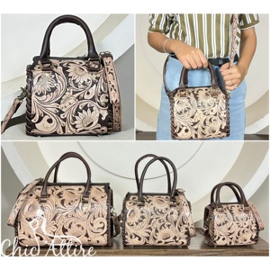 Bolso de Mano de Cuero Vacuno Genuino Hecho a Mano con Diseño Floral Occidental de Alta Calidad para Mujer, Bolso de Viaje Tipo Bandolera - Product Image 1