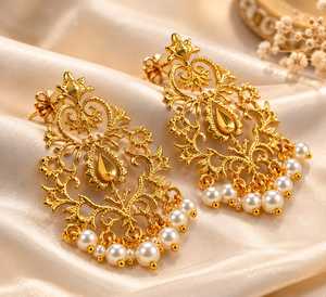 Pendientes Colgantes de Hoja Geométrica Vintage de Latón Chapado en Oro de 18K con Aspecto de Perla, Joyería para Regalo de Boda o Fiesta - Product Image 5