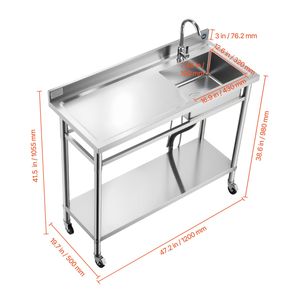 Lavello Commerciale a Vasca Singola in Acciaio Inossidabile con Ruote e Rubinetto Acqua Calda/Fredda, Fabbricazione in Acciaio - Product Image 5